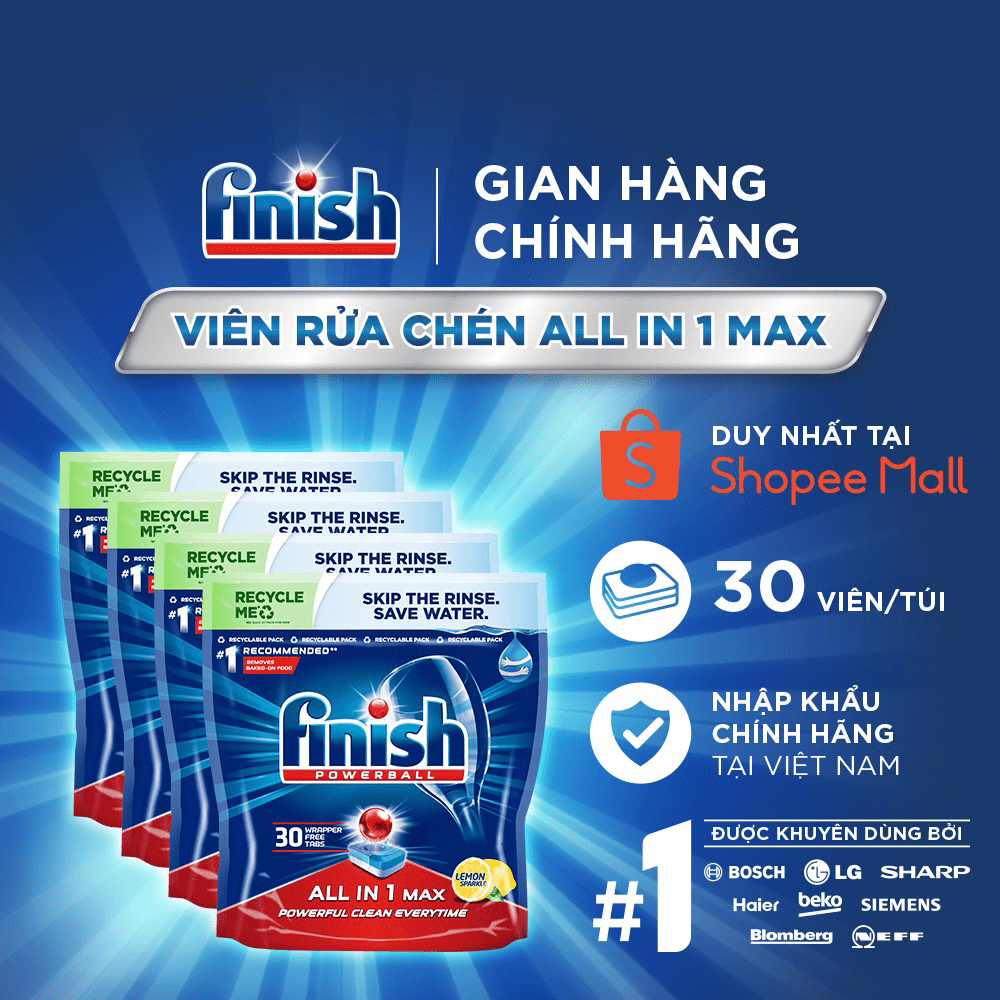 Combo 04 túi Viên Rửa Chén Bát Hương Chanh Finish Powerball All In 1 Max Lemon Sparkle 30 viên/túi